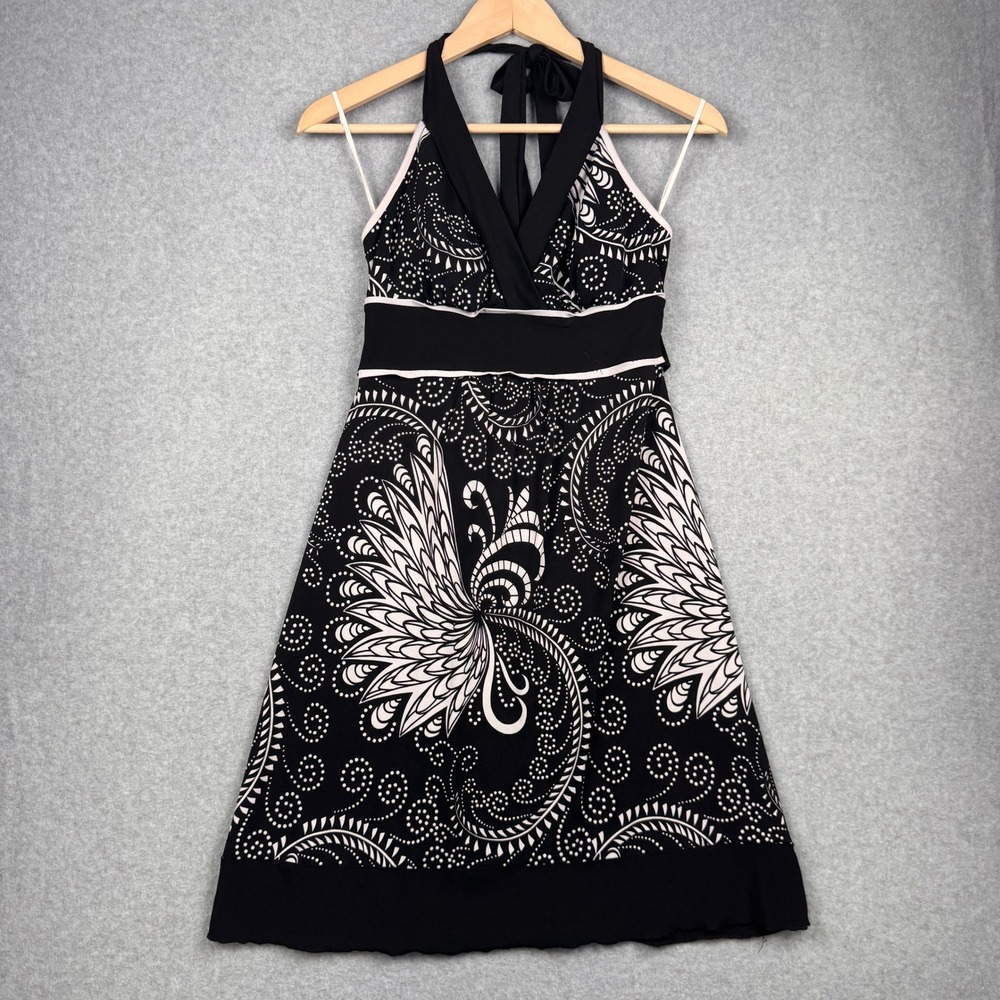 Vintage Y2K Dress Womens Small Black White Paisley Floral V Neck Vanity Halter
